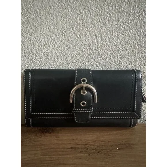 Vintage Coach Black Leather Single Stitch Silver Buckle Tri-Fold Wallet - Picture 1 of 14